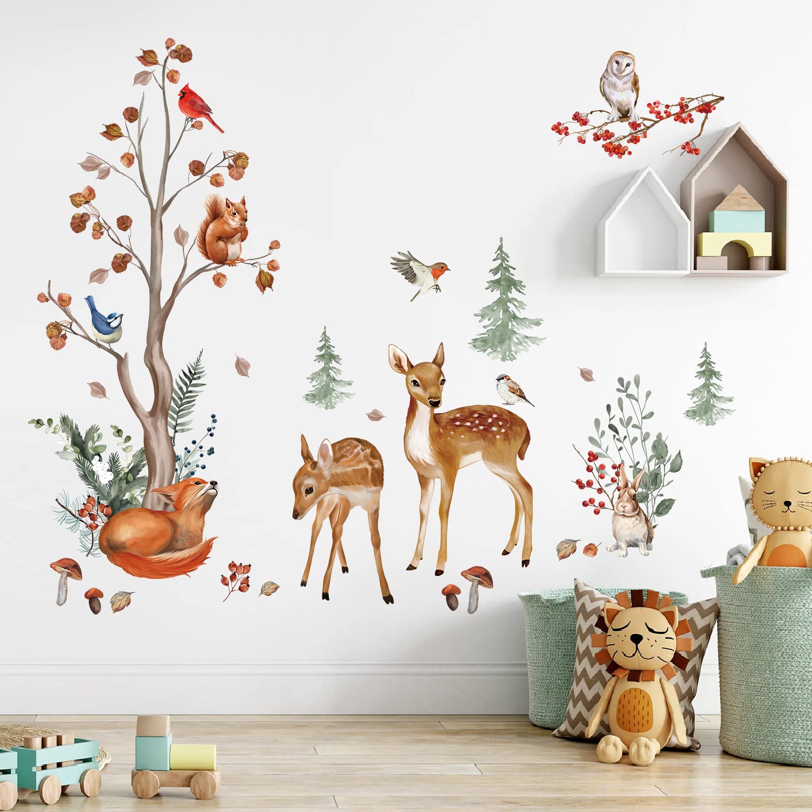 wondever Woodland Animals Tree Wall Stickers Forest Deers Fox Squirrel Peel and Stick Wall Art Decals for Baby Nursery Kids Bedroom