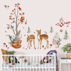 wondever Woodland Animals Tree Wall Stickers Forest Deers Fox Squirrel Peel and Stick Wall Art Decals for Baby Nursery Kids Bedroom