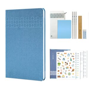 blue lake ecolife monthly & weekly life planner kit, undated, hardcover journal 6x8, blank page notebook, stickers, pencil pouch, bookmarks blue