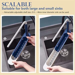 JZXUAO Telescopic 2-in-1 Sink Storage Rack Holder Kitchen Telescopic Sink Storage Rack Expandable Storage Drain Basket Sponge Soap Holder with Dishcloth Hanger (Blue)