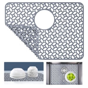 justogo silicone sink protector, rear drain kitchen sink mat grid accessory, 1 pcs grey non-slip heat resistant sink mats for bottom of farmhouse stainless steel porcelain sink (19.25 ''x 14 '')