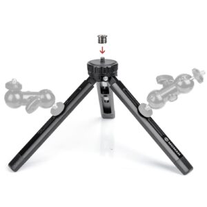 mini camera tripod, moman tabletop travel tripod desktop tr01s with 1/4 and 3/8 screw mount and function leg cnc aluminum design for camcorder gimbal stabilizers max payload of 5kg, black