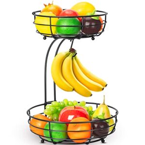kufutee 2-tier countertop fruit basket bowl with banana hanger, black 64 ounces