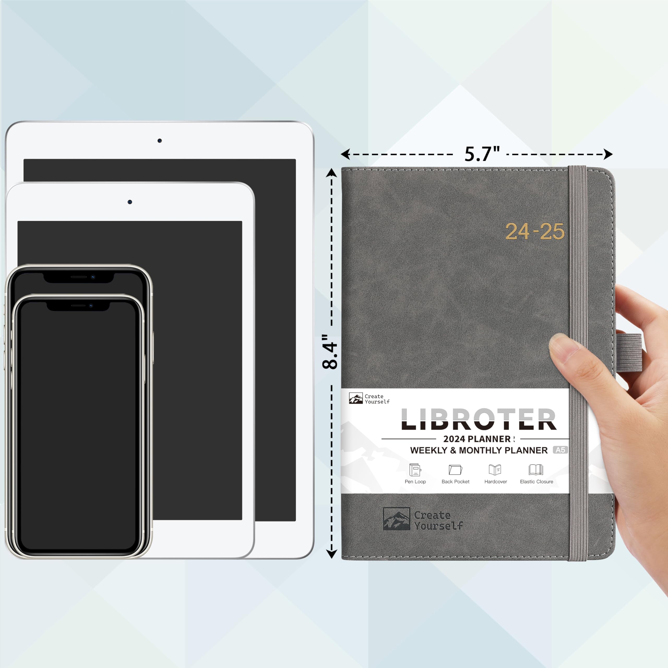 2024-2025 Planner - Planner 2024-2025, 2024-2025 Weekly Monthly Planner, July 2024 - June 2025, 5.7'' x 8.4'', Thick Paper, Leather Cover, Pen Holder, Back Pocket, Perfect Daily Organizer - Grey