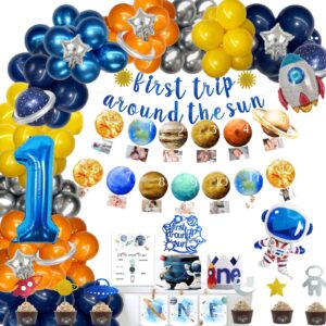 109 pcs first trip around the sun birthday decorations, hombae outer space 1st birthday decorations balloon garland photo highchair banner crown poster cake topper astronaut spaceship orange blue