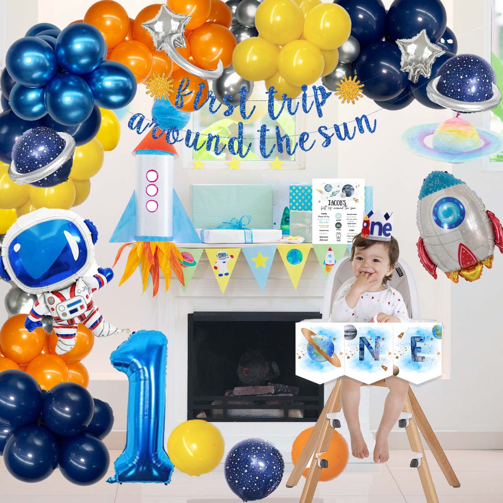 109 PCs First Trip Around the Sun Birthday Decorations, Hombae Outer Space 1st Birthday Decorations Balloon Garland Photo Highchair Banner Crown Poster Cake Topper Astronaut Spaceship Orange Blue