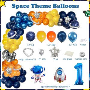 109 PCs First Trip Around the Sun Birthday Decorations, Hombae Outer Space 1st Birthday Decorations Balloon Garland Photo Highchair Banner Crown Poster Cake Topper Astronaut Spaceship Orange Blue