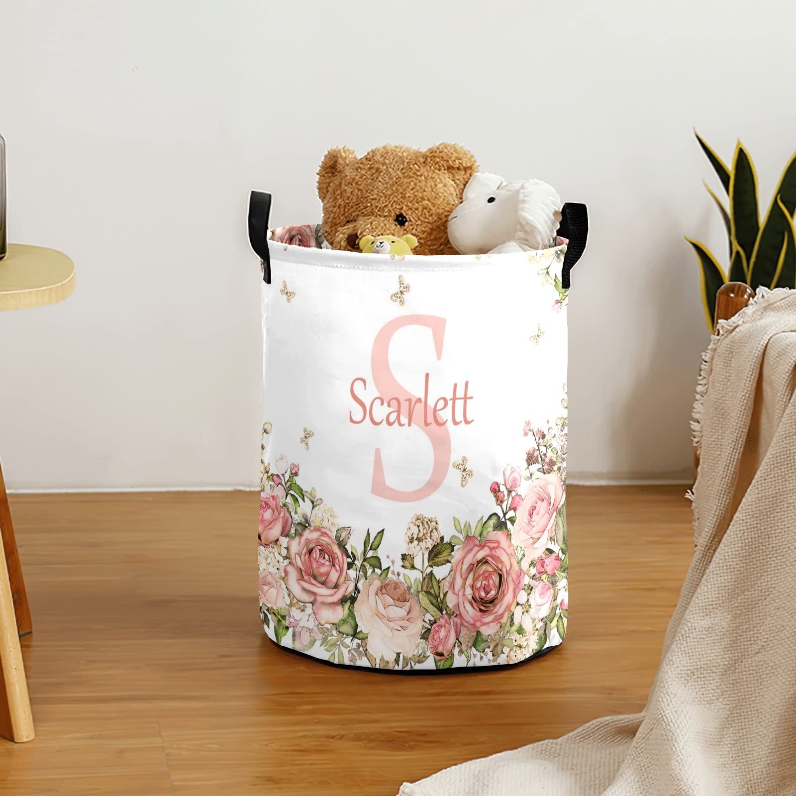 Personalized Kids Collapsible Laundry Hamper Custom Foldable Baby Girls Laundry Basket with Names Custoized Nursery Hamper for Girls Pink Floral