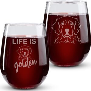 on the rox drinks golden retriever gifts for dog lovers - life is golden stemless wine glass set of 2- cute dog face glasses for women - funny tumbler, cup for pet lovers