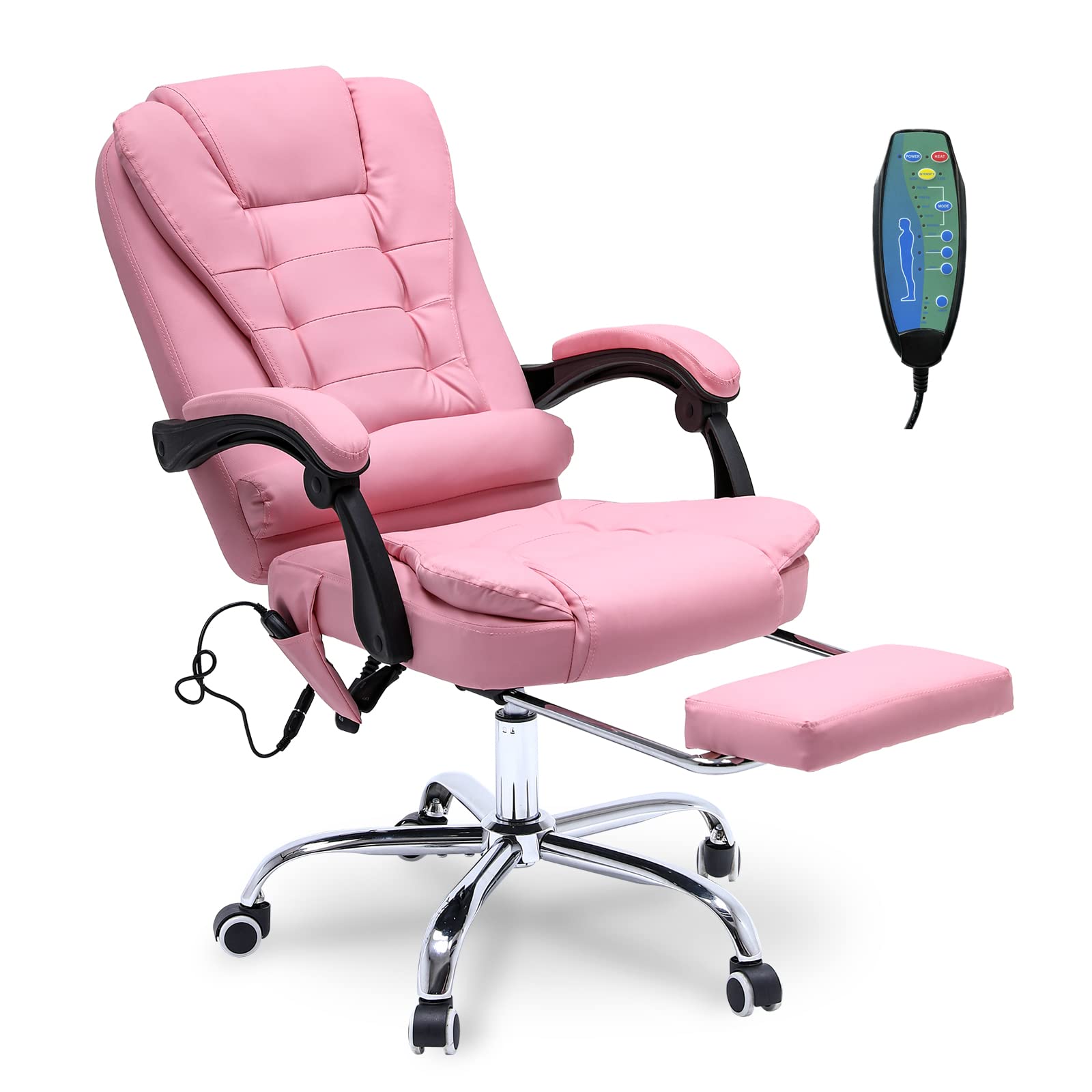 ONPNO Reclining Office Chair with Massage, Ergonomic Office Chair w/Foot Rest, PU Leather Executive Computer Chair w/Heated, Padded Armrest, High Back Swivel Recliner for Office Home Study (Pink)