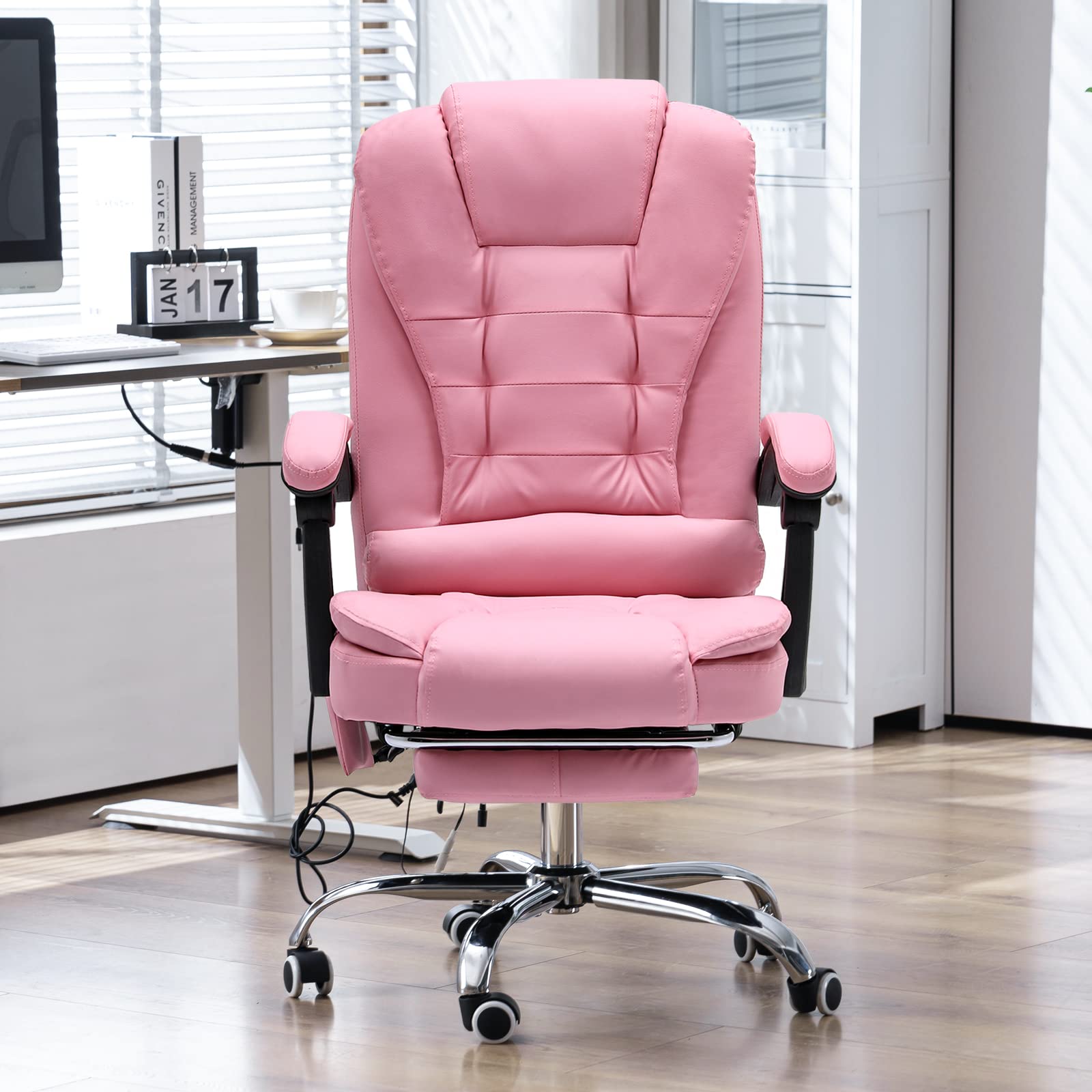 ONPNO Reclining Office Chair with Massage, Ergonomic Office Chair w/Foot Rest, PU Leather Executive Computer Chair w/Heated, Padded Armrest, High Back Swivel Recliner for Office Home Study (Pink)