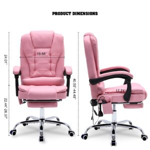 ONPNO Reclining Office Chair with Massage, Ergonomic Office Chair w/Foot Rest, PU Leather Executive Computer Chair w/Heated, Padded Armrest, High Back Swivel Recliner for Office Home Study (Pink)
