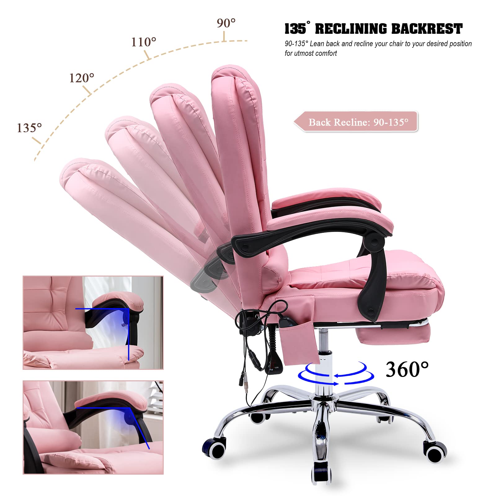 ONPNO Reclining Office Chair with Massage, Ergonomic Office Chair w/Foot Rest, PU Leather Executive Computer Chair w/Heated, Padded Armrest, High Back Swivel Recliner for Office Home Study (Pink)