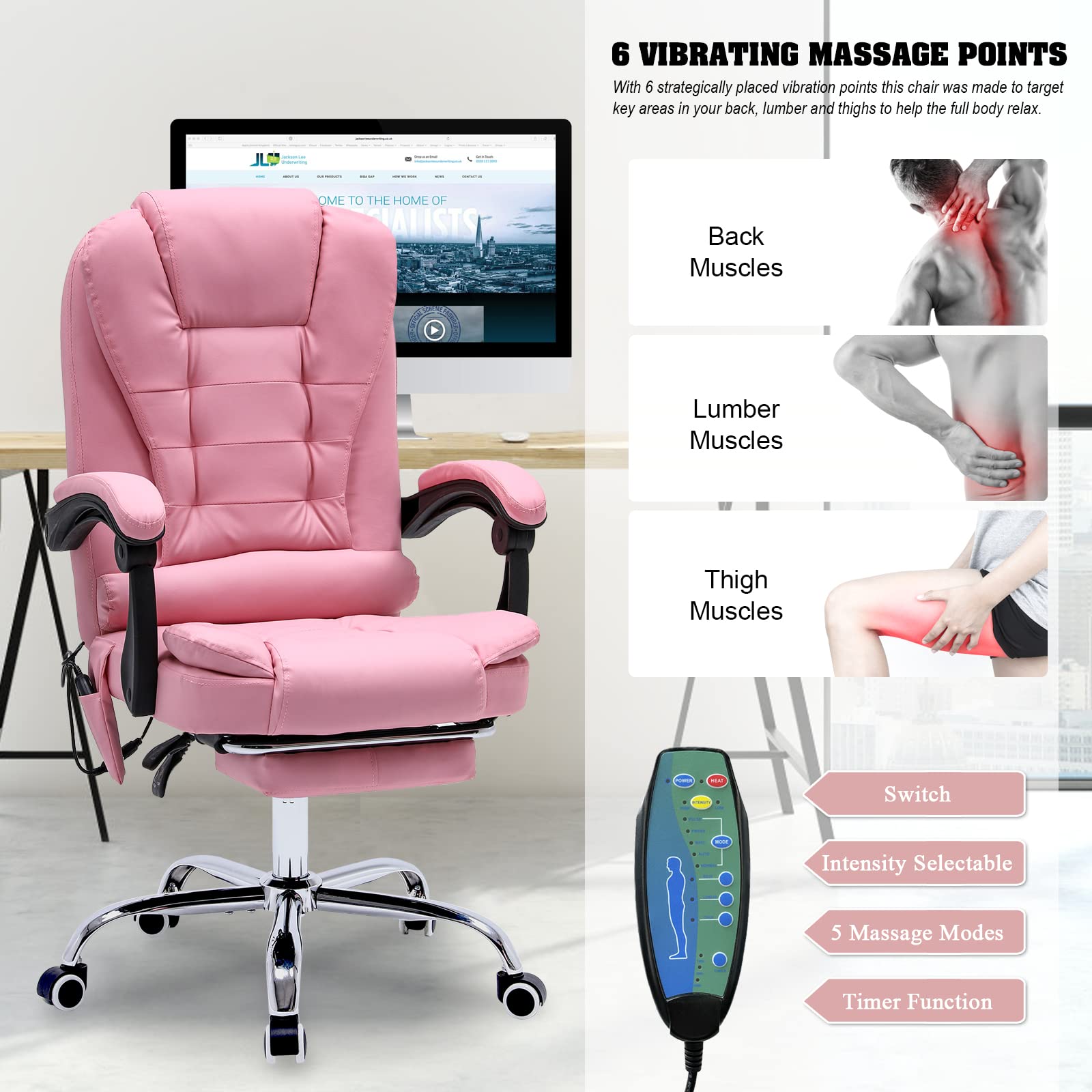 ONPNO Reclining Office Chair with Massage, Ergonomic Office Chair w/Foot Rest, PU Leather Executive Computer Chair w/Heated, Padded Armrest, High Back Swivel Recliner for Office Home Study (Pink)