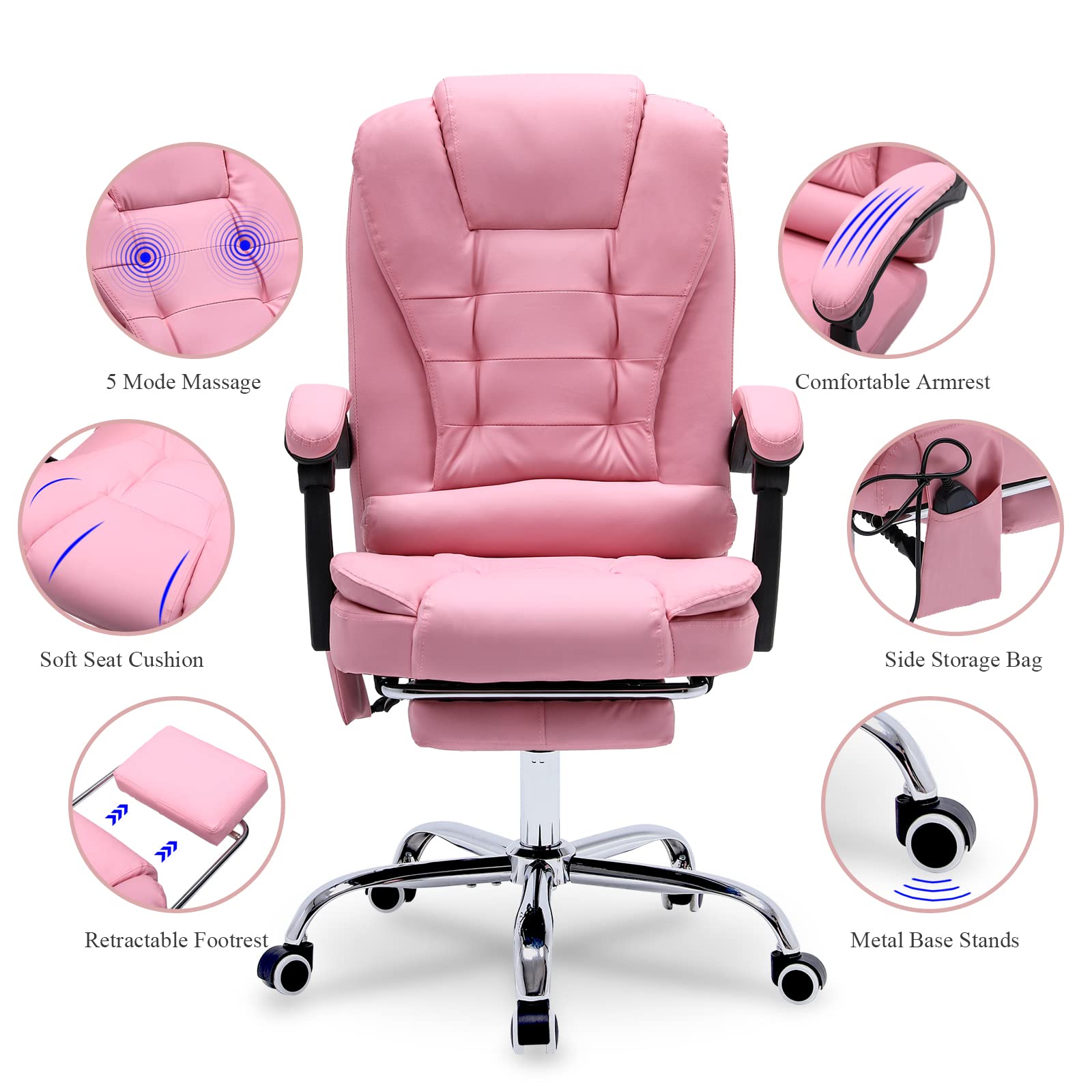 ONPNO Reclining Office Chair with Massage, Ergonomic Office Chair w/Foot Rest, PU Leather Executive Computer Chair w/Heated, Padded Armrest, High Back Swivel Recliner for Office Home Study (Pink)