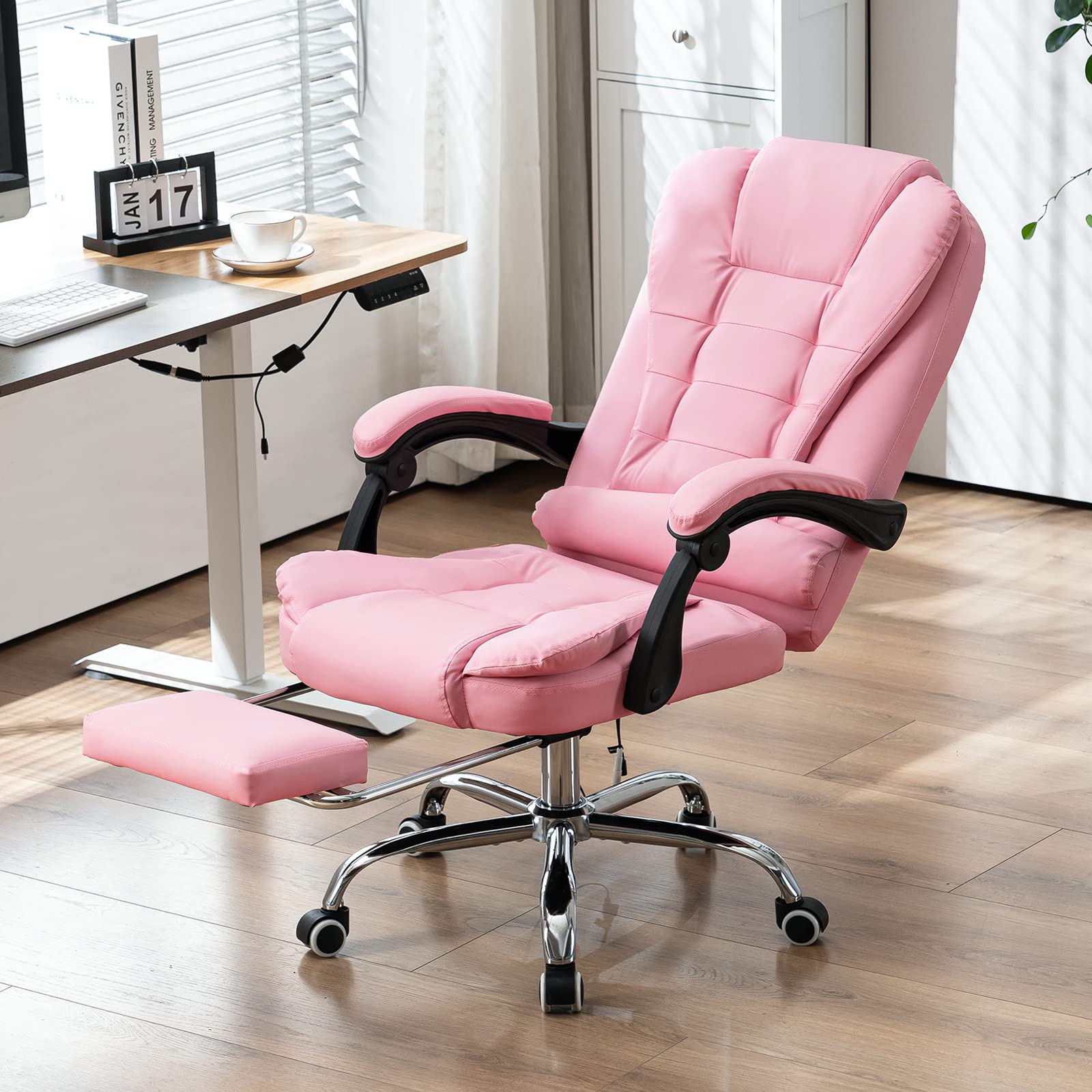 ONPNO Reclining Office Chair with Massage, Ergonomic Office Chair w/Foot Rest, PU Leather Executive Computer Chair w/Heated, Padded Armrest, High Back Swivel Recliner for Office Home Study (Pink)