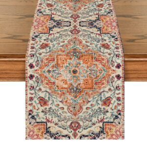 artoid mode boho bohemia style orange table runner, country rustic farmhouse magical fall kitchen dining table decoration for home party decor 13x72 inch