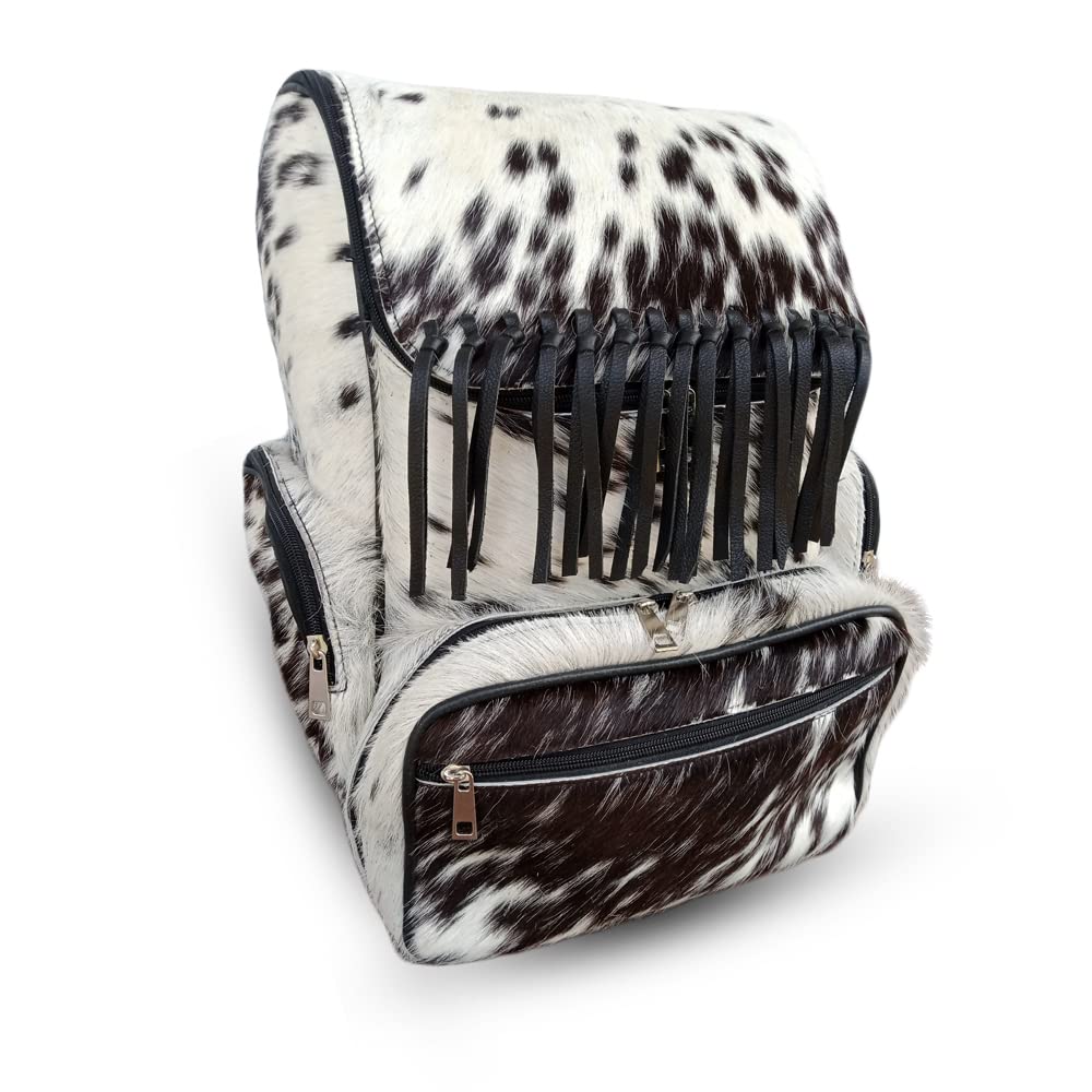 Cowhide Backpack Hair On Fur Leather Diaper Backpack Rucksack / Knapsack Travel Shoulder Bag / Cow Skin Baby Bags (Black and White), 9'' D X 10.5'' W X 15'' H (Frill-20901)