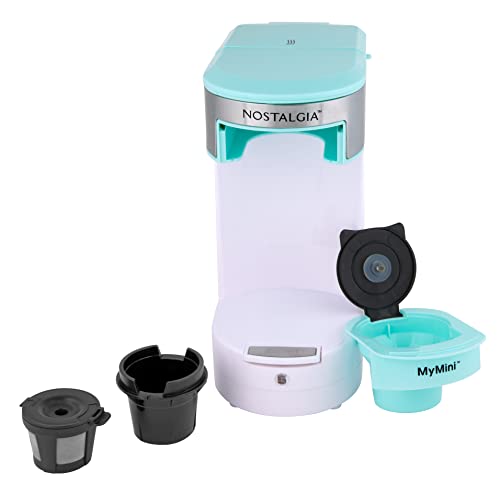 Nostalgia MyMini Single Coffee Maker, Brews K-Cup & Other Pods, Serves up to 14 Ounces, Tea, Chocolate, Hot Cider, Lattes, Reusable Filter Basket Included, Aqua