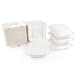 azure zone, 8", 3-compartment compostable clamshell, 200 pack to go containers, biodegradable made of sugar cane fibers