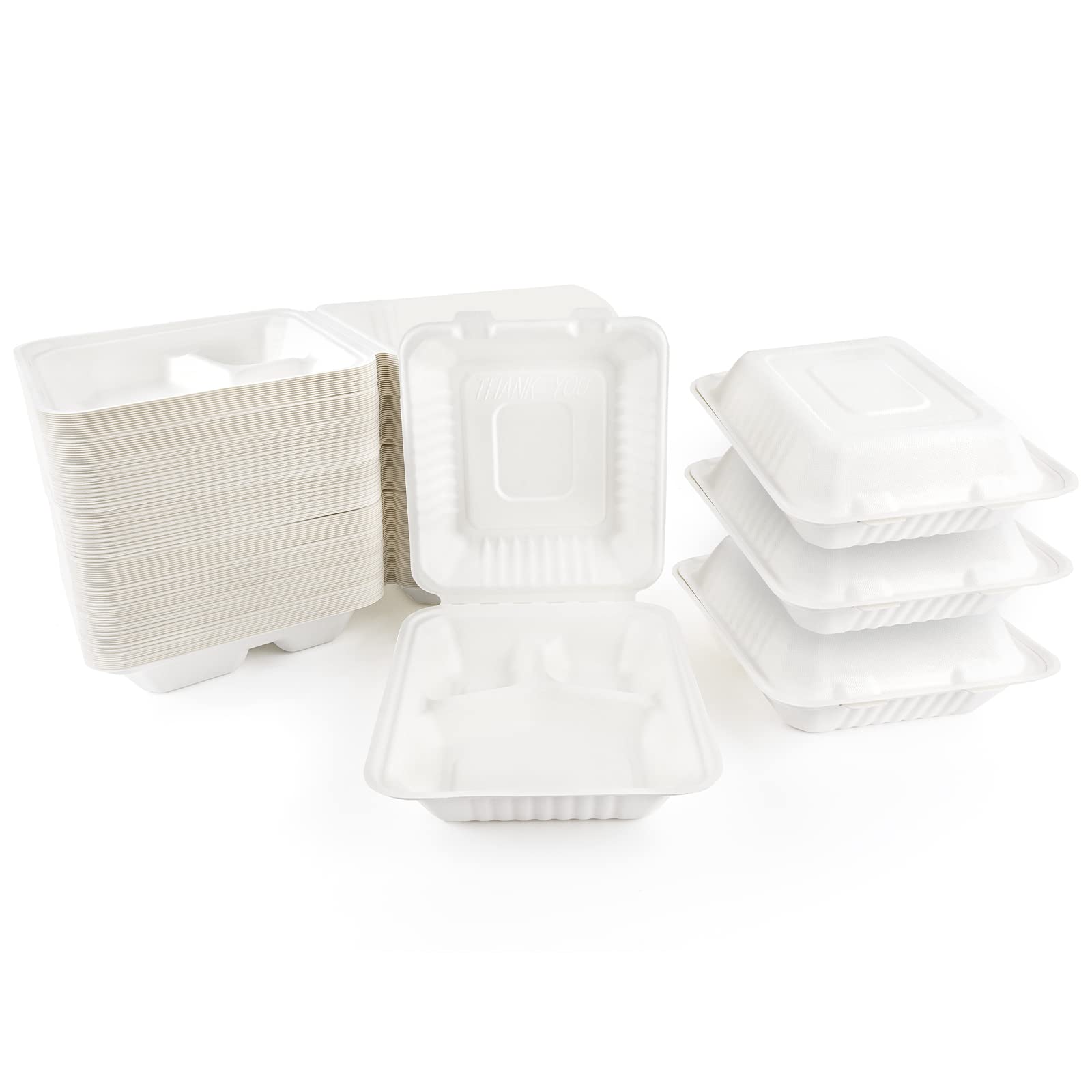 Azure Zone, 8", 3-Compartment Compostable Clamshell, 200 Pack to Go Containers, Biodegradable Made of Sugar Cane Fibers