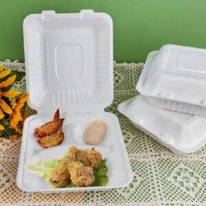 Azure Zone, 8", 3-Compartment Compostable Clamshell, 200 Pack to Go Containers, Biodegradable Made of Sugar Cane Fibers