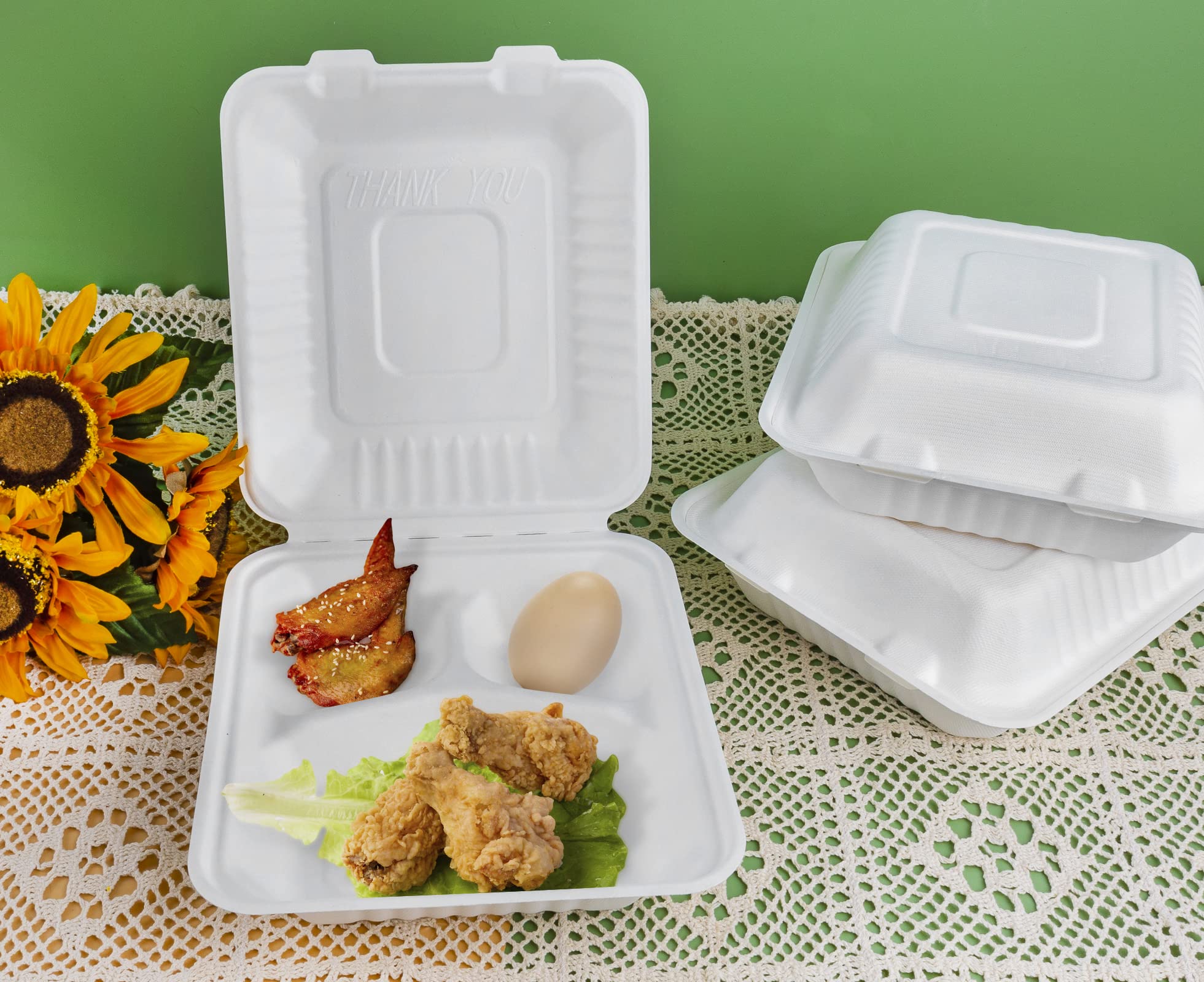 Azure Zone, 8", 3-Compartment Compostable Clamshell, 200 Pack to Go Containers, Biodegradable Made of Sugar Cane Fibers