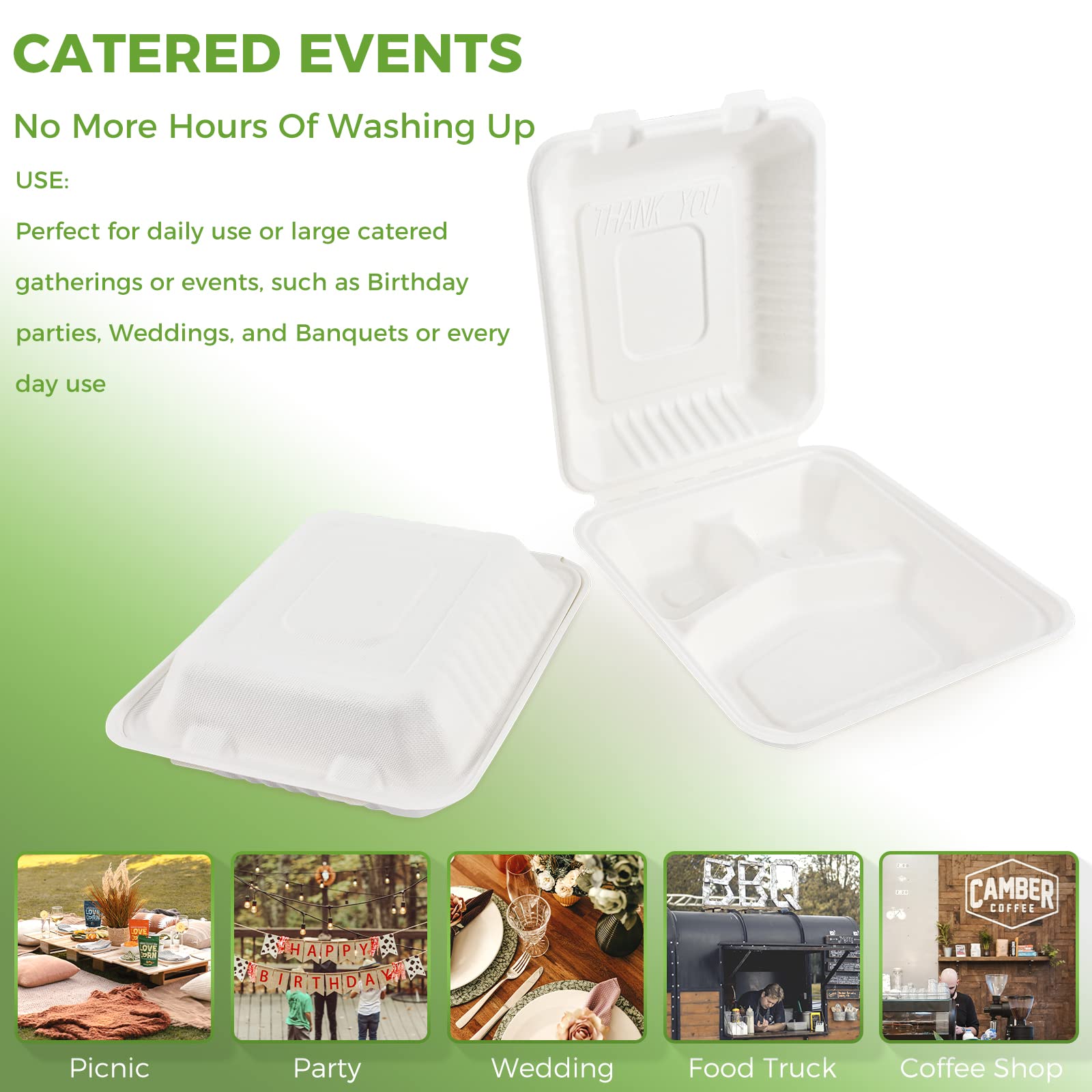 Azure Zone, 8", 3-Compartment Compostable Clamshell, 200 Pack to Go Containers, Biodegradable Made of Sugar Cane Fibers