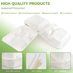 Azure Zone, 8", 3-Compartment Compostable Clamshell, 200 Pack to Go Containers, Biodegradable Made of Sugar Cane Fibers