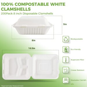 Azure Zone, 8", 3-Compartment Compostable Clamshell, 200 Pack to Go Containers, Biodegradable Made of Sugar Cane Fibers