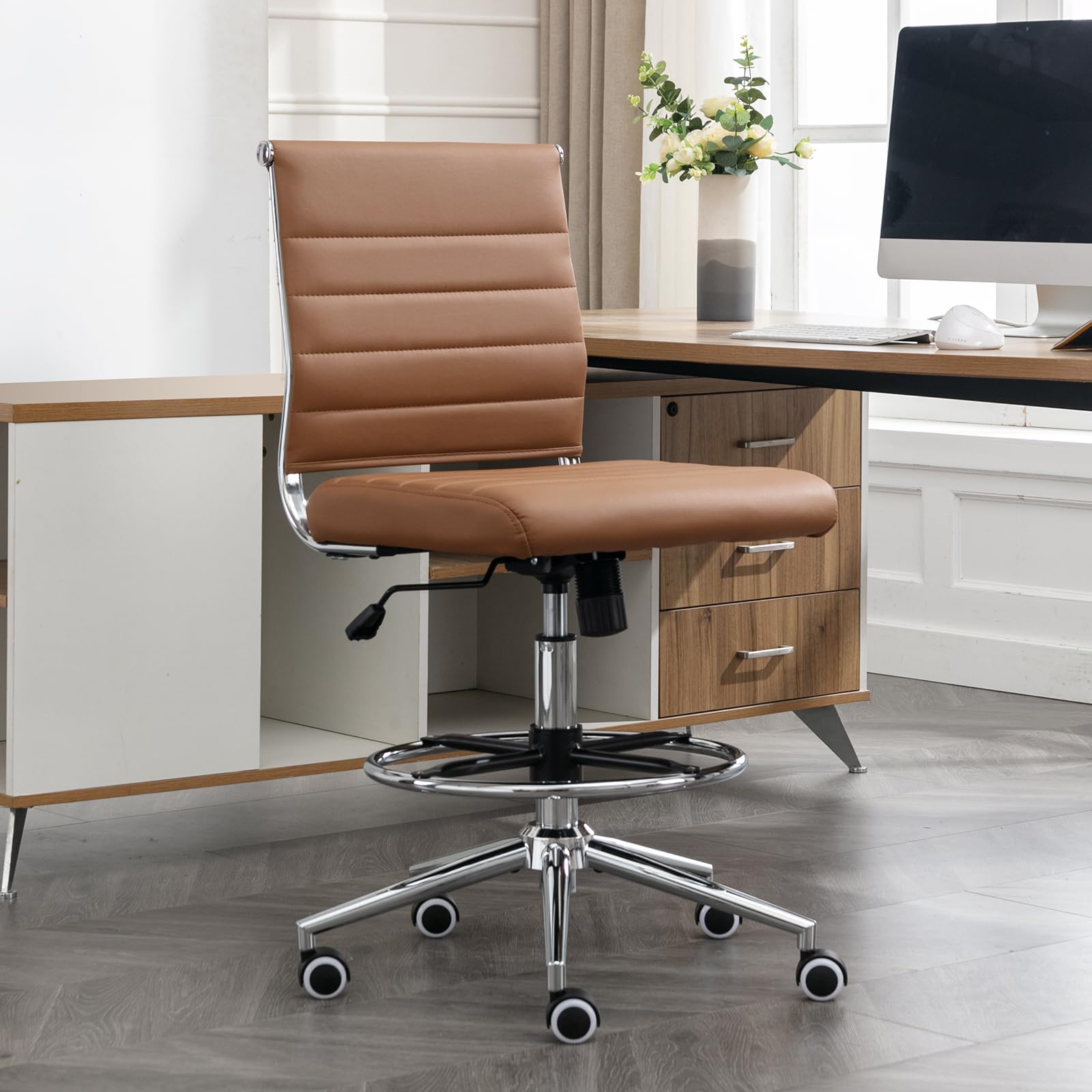 Okeysen Drafting Chair Armless Desk Stool, 400 LBS Ergonomic Fabric Tall Office Chair with Adjustable Foot Ring, Modern Standing Desk Chair with Ribbed Mid Back, Swivel Rolling Drafting Stool.