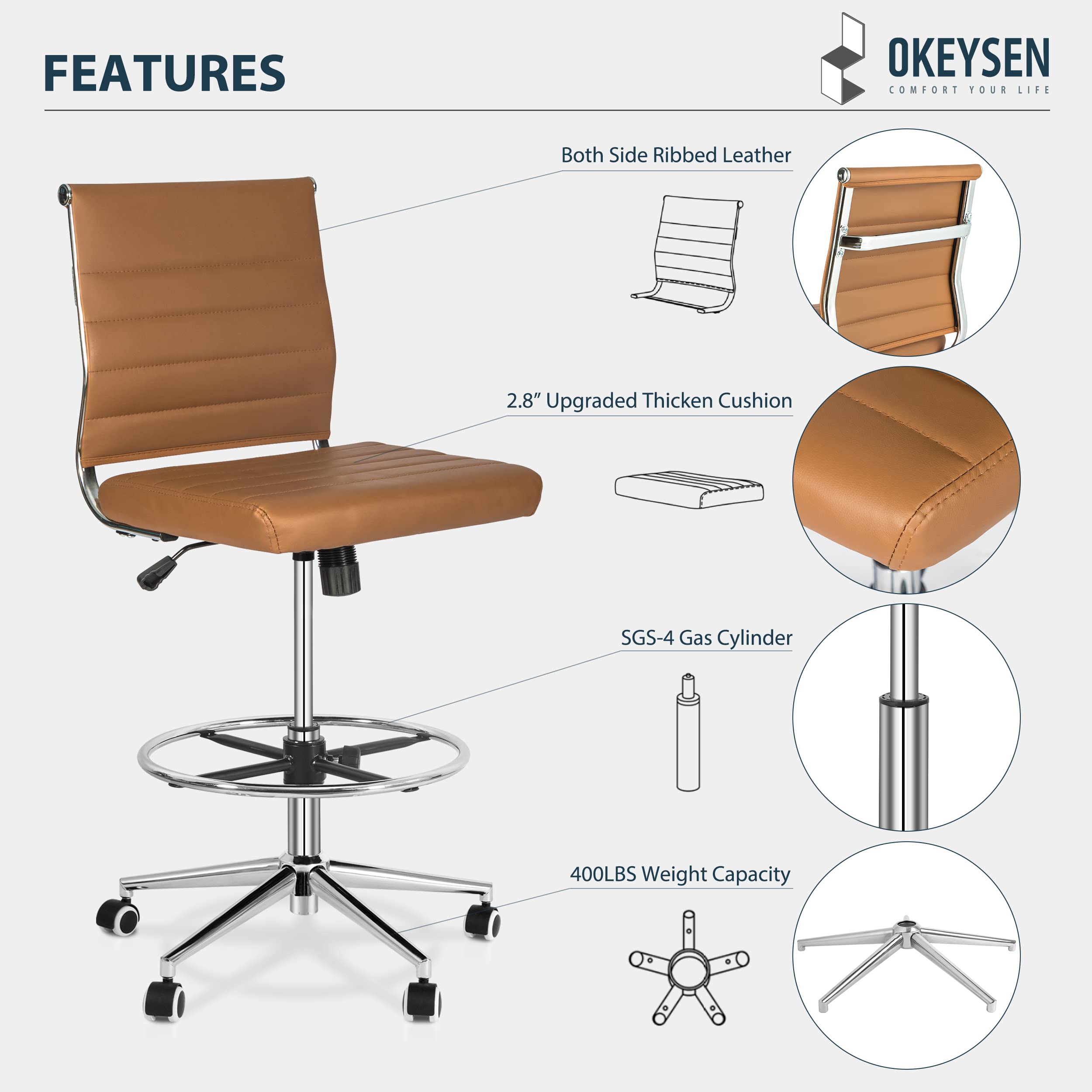 Okeysen Drafting Chair Armless Desk Stool, 400 LBS Ergonomic Fabric Tall Office Chair with Adjustable Foot Ring, Modern Standing Desk Chair with Ribbed Mid Back, Swivel Rolling Drafting Stool.