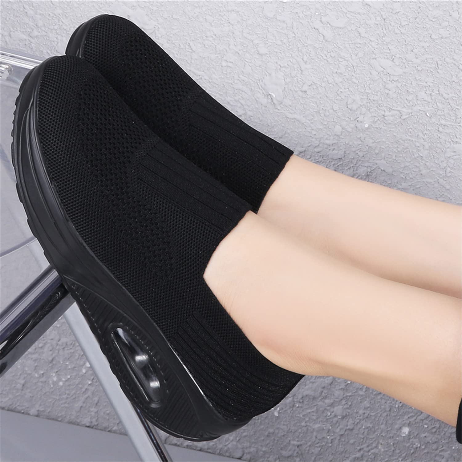 EnllerviiD Women Wedge Shoes Breathable Mesh Platform Slip ON Casual Mesh Air-Cushion Walking Sneakers US 7 Black38