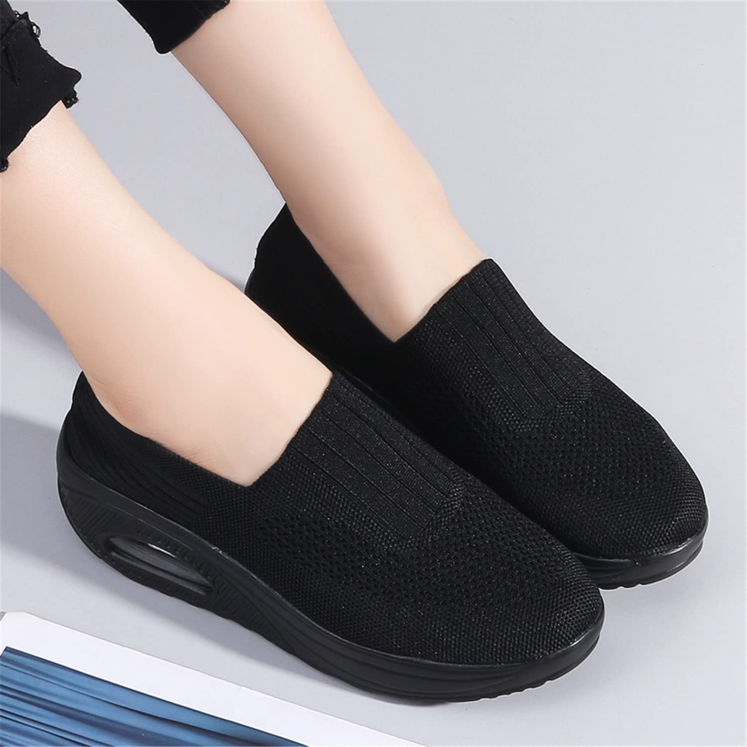 EnllerviiD Women Wedge Shoes Breathable Mesh Platform Slip ON Casual Mesh Air-Cushion Walking Sneakers US 7 Black38