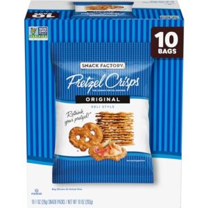 snack factory pretzel crisps, original, 1 oz snack bags, 10 ct