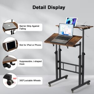 Hadulcet Mobile Standing Desk with Charging Station, Adjustable Standing Computer Desk, Standing Adjustable Laptop Cart with Wheels for Home Office Classroom Rustic Brown