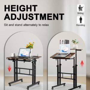 Hadulcet Mobile Standing Desk with Charging Station, Adjustable Standing Computer Desk, Standing Adjustable Laptop Cart with Wheels for Home Office Classroom Rustic Brown