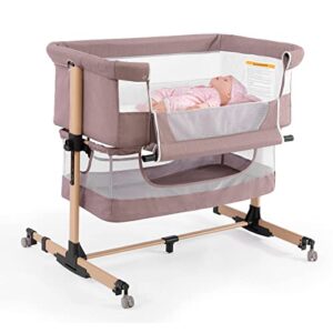 Ihoming Baby Bassinet Bedside Sleeper, 3 in 1 Convertible Design, lnfant Bed & Bed Side Sleeper & Cradle Bassinets, Newborn Bedside Crib Attaches to Bed, Khaki