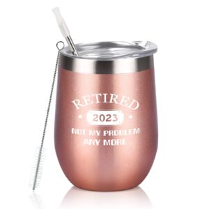 gtmileo 2023 retirement gifts for women, retired 2023 not my problem stainless steel insulated wine tumbler, retirement gifts for office friend coworkers teacher sister mom grandma(12oz, rose gold)