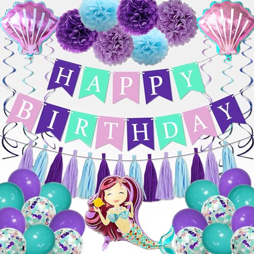 iPartycool, 60pcs Mermaid Birthday Decorations for Girls Women, Little Mermaid Party Decorations with Mermaid Balloons Happy Birthday Banner Pom Poms Hanging Swirls Tassels Confetti Shell Balloons