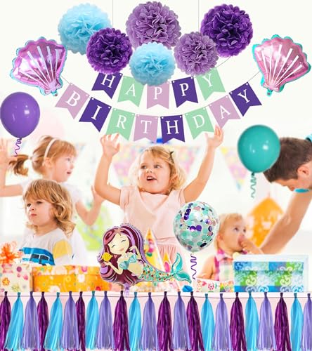 iPartycool, 60pcs Mermaid Birthday Decorations for Girls Women, Little Mermaid Party Decorations with Mermaid Balloons Happy Birthday Banner Pom Poms Hanging Swirls Tassels Confetti Shell Balloons