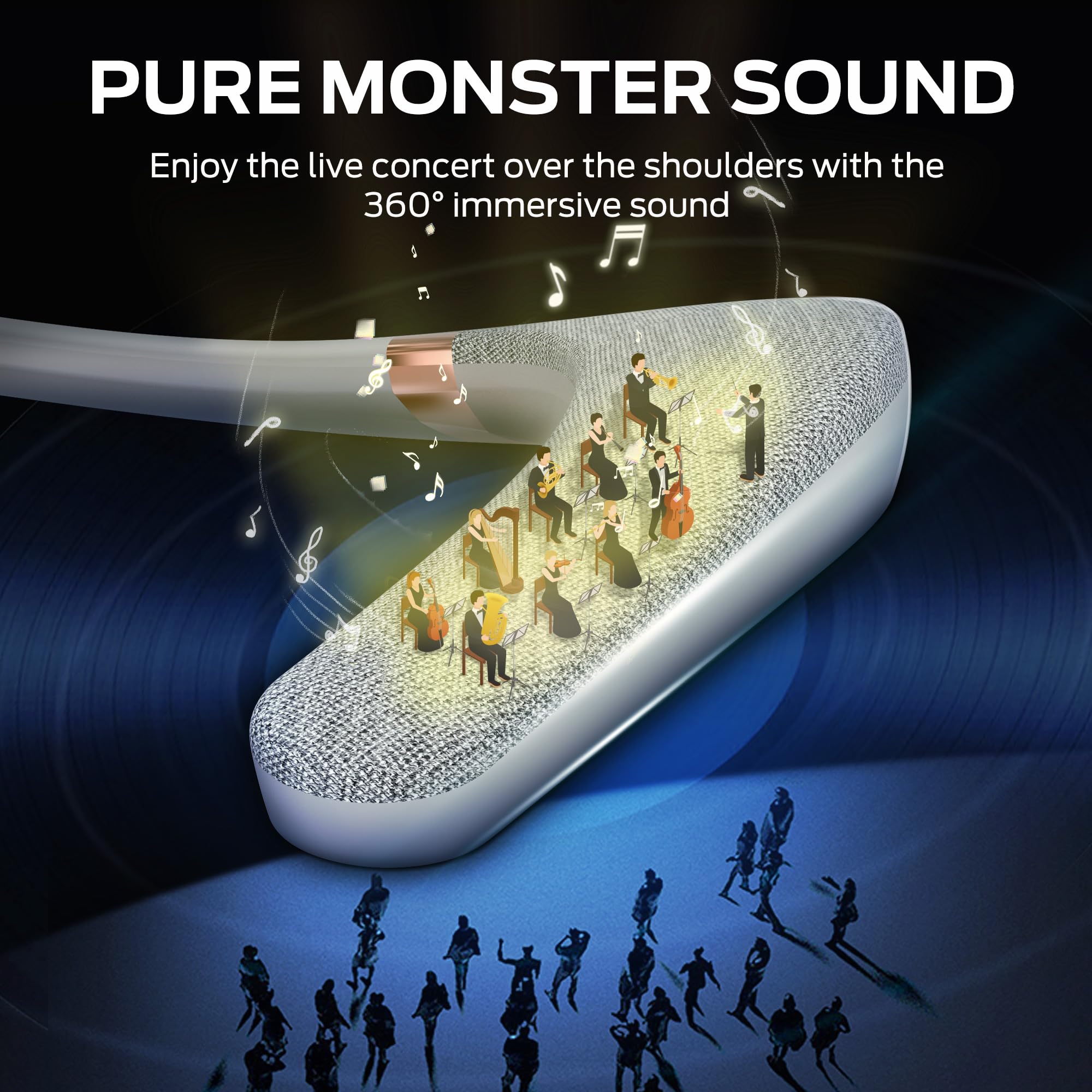 Monster Boomerang Neck Speaker Bluetooth Wireless, Neckband Bluetooth Speakers with Ture 3D Stereo Sound, 12H Playtime, IPX7 Waterproof, Built-in Mic, Wearable Portable Speaker for Home Outdoor