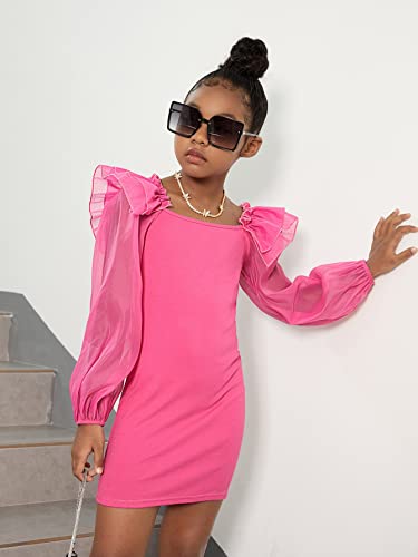 WDIRARA Girl's Mesh Ruffle Trim Layered Tie Back Lantern Sleeve Pencil Mini Dress Hot Pink 10Y