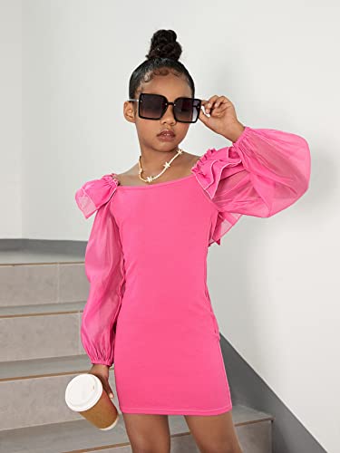 WDIRARA Girl's Mesh Ruffle Trim Layered Tie Back Lantern Sleeve Pencil Mini Dress Hot Pink 10Y