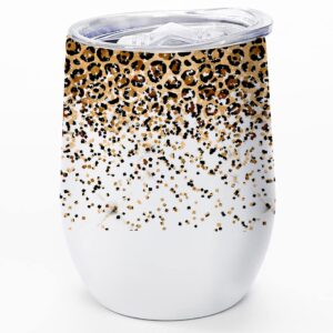 leopard print 12 oz insulated wine tumbler with lid - personalized pattern stainless steel outdoor wine glass - unique birthday christmas gifts for her women best friends