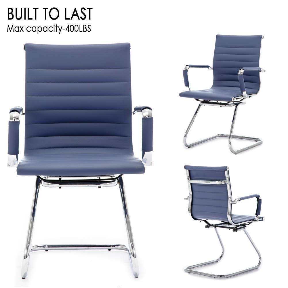 DM Furniture Office Desk Chair No Wheels Set of 6 PU Leather Computer Chairs Mid Back Guest Chairs for School Reception Conference Waiting Room, Navy Blue