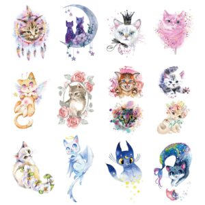 father.son 12 sheets watercolor cat temporary tattoos for girls kids, cute kitty waterproof fake tattoos body art sticker, animal birthday supplies, pet lover party favors, meow arts and crafts