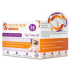 maxim eye tea tree eyelid wipes 36 pieces, exfoliating eyelid scrubs for dry, itchy, swollen and irritated eyes, eyelid cleanser and makeup remover, individually packaged eyelash wipes