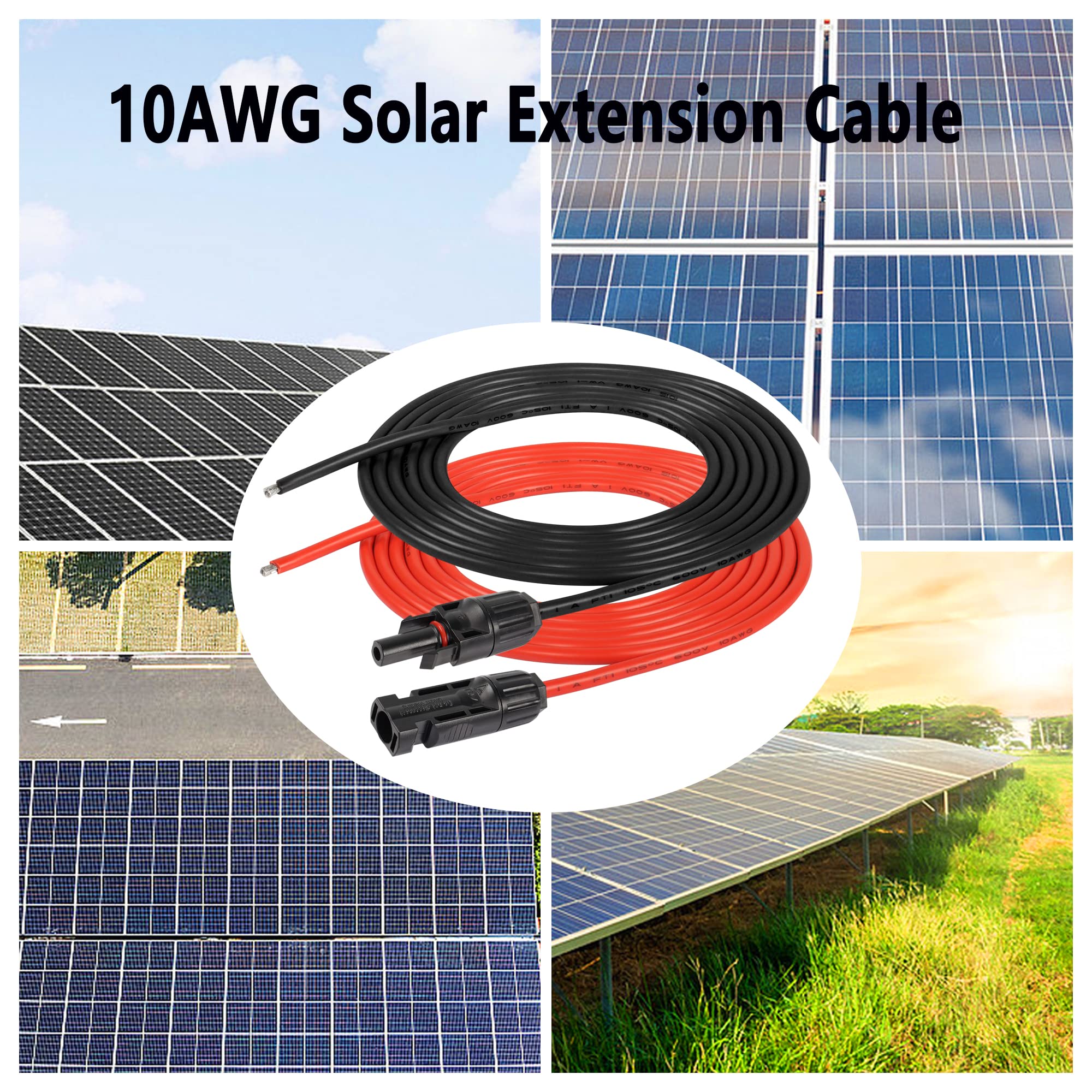 SinLoon 10AWG Solar Extension Cable,1 Pair 10 Gauge PV Solar Panel Bare Cord IP67 Waterproof Male to Female Solar Power Cable with 2 O Ring Terminal,for Solar Panel Wire (10AWG 10FT)