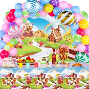 87 pcs candyland themed party decorations, candyland lollipop tablecloth and lollipop themed backdrop with balloon garland kit christmas candy party supplies for christmas halloween party supplies